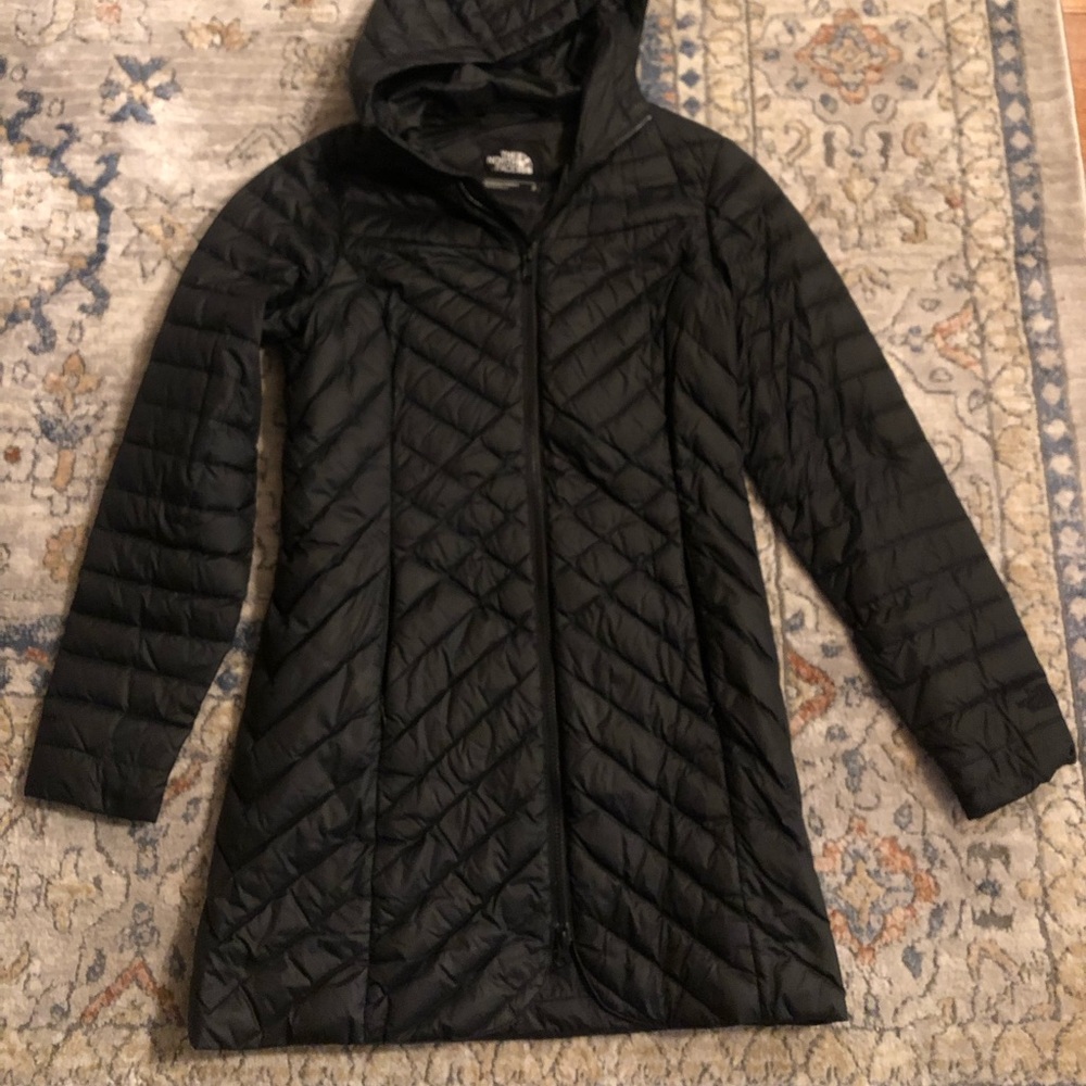 North Face knee length black down coat